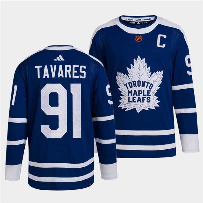 Mens Toronto Maple Leafs Black #91 John Tavares Blue 2022 Reverse Retro Stitched Jersey Dzhi